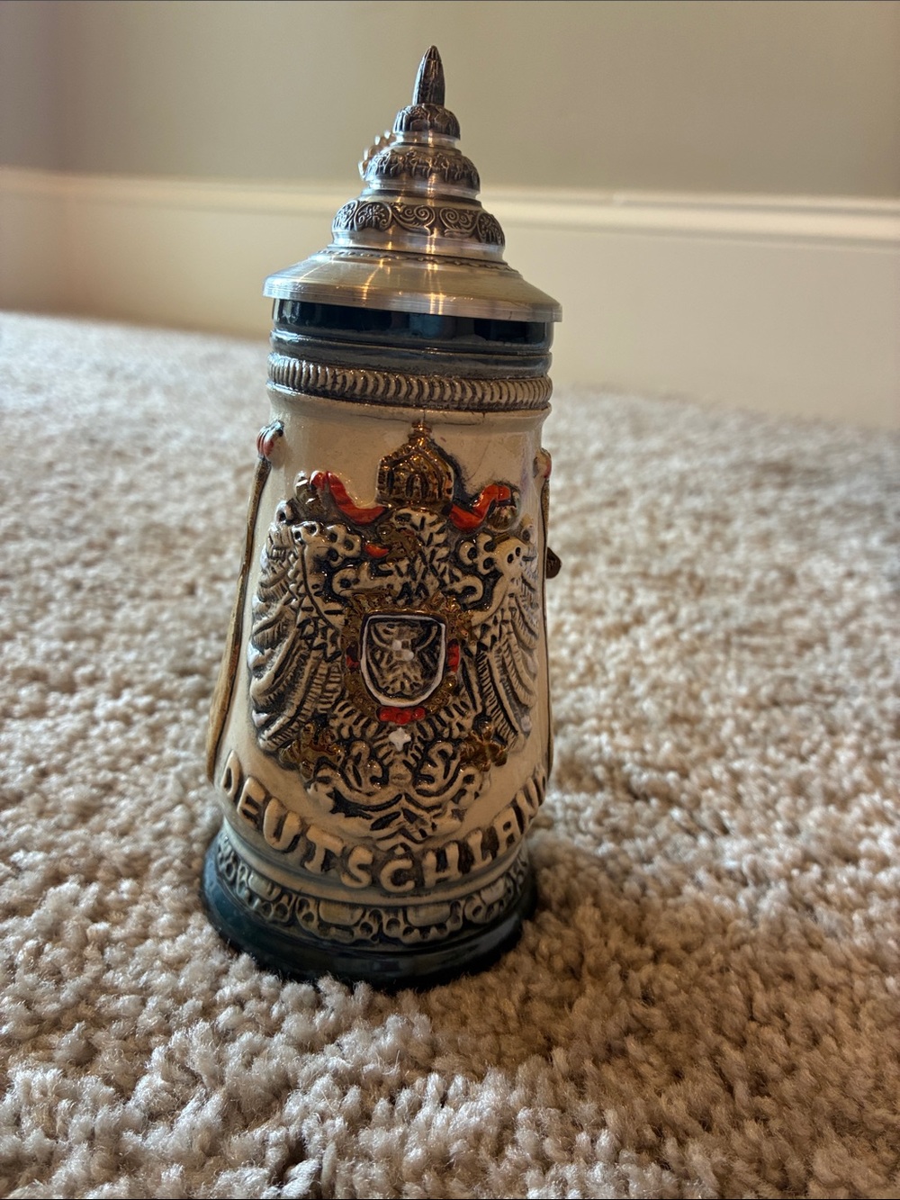 Decorative German Beer Stein with Crest - White and Gold Accents